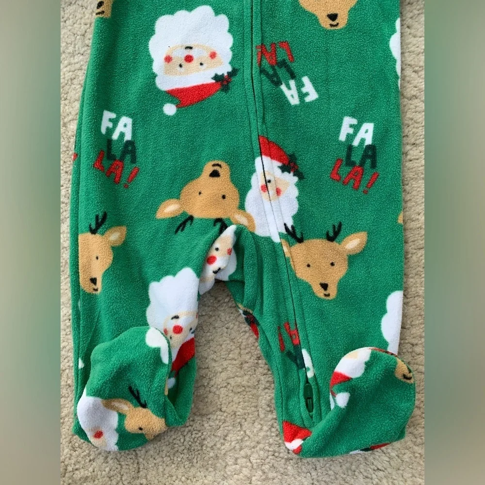 Carter's Size 3 Months Green Santa and Reindeer Fleece Footed Sleeper Pajamas